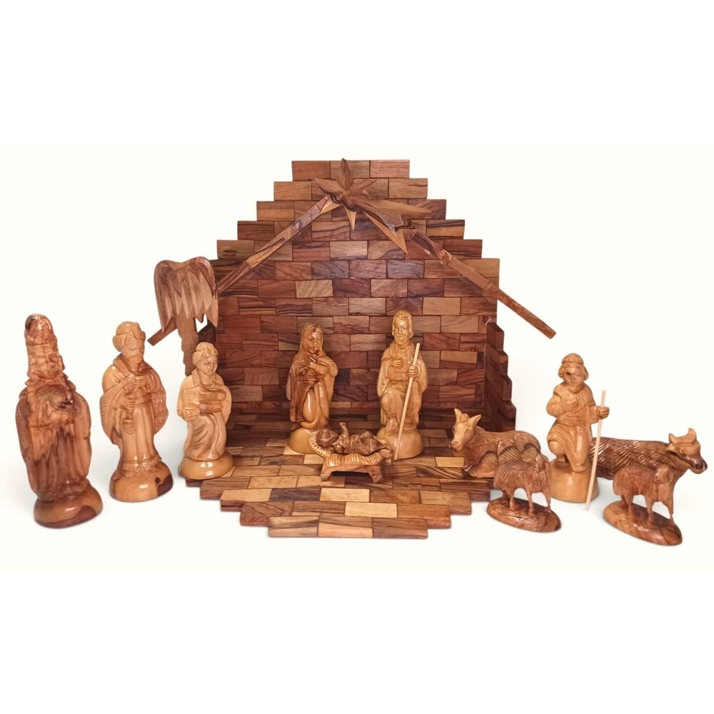 Vtg Hand Carved Olive Wood Christmas Nativity Set 13 Pieces Manger Scene Creche
